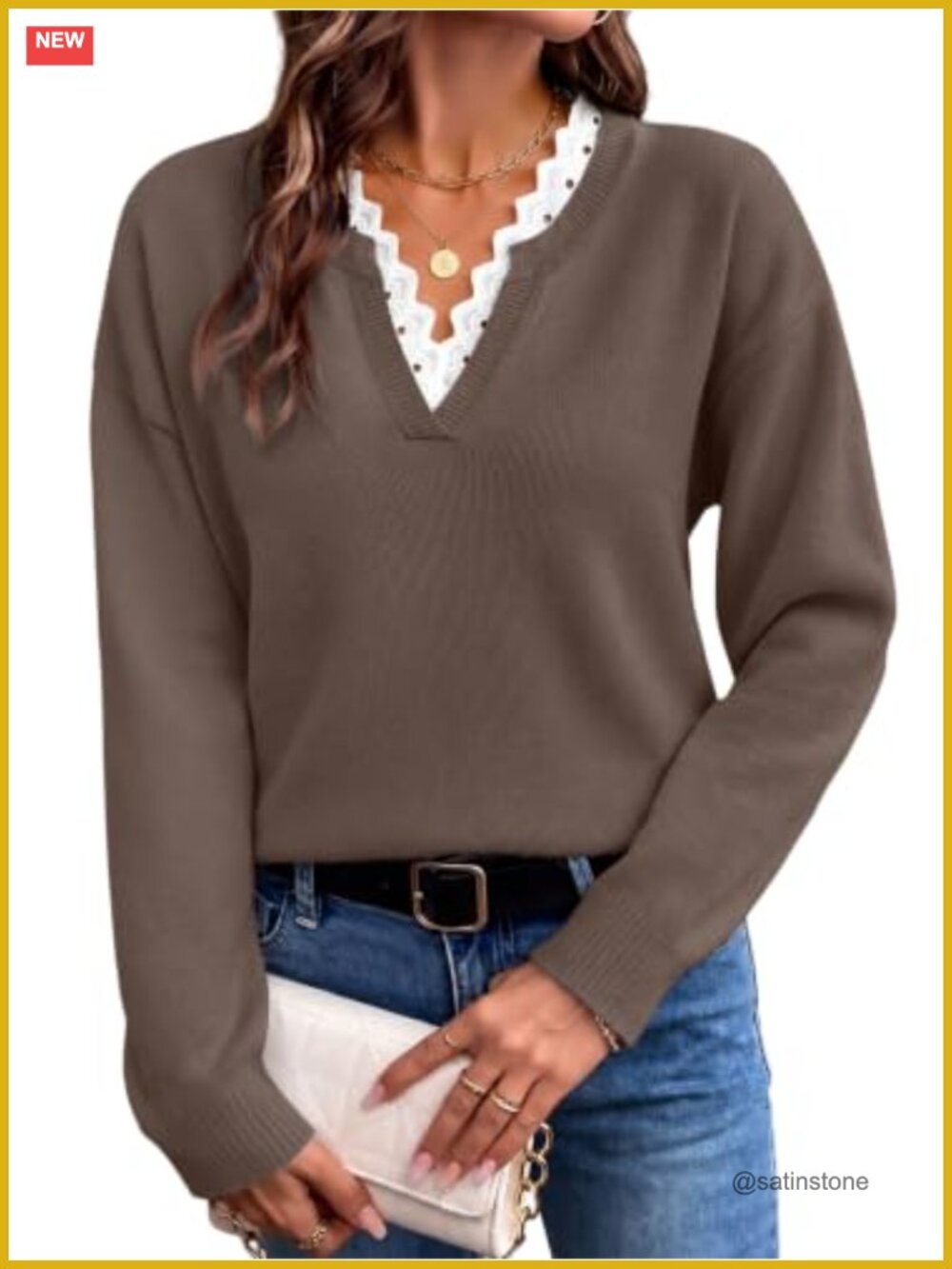 Women's V-Neck Lace Trim Pullover Sweater Long Sleeve Lightweight Knit